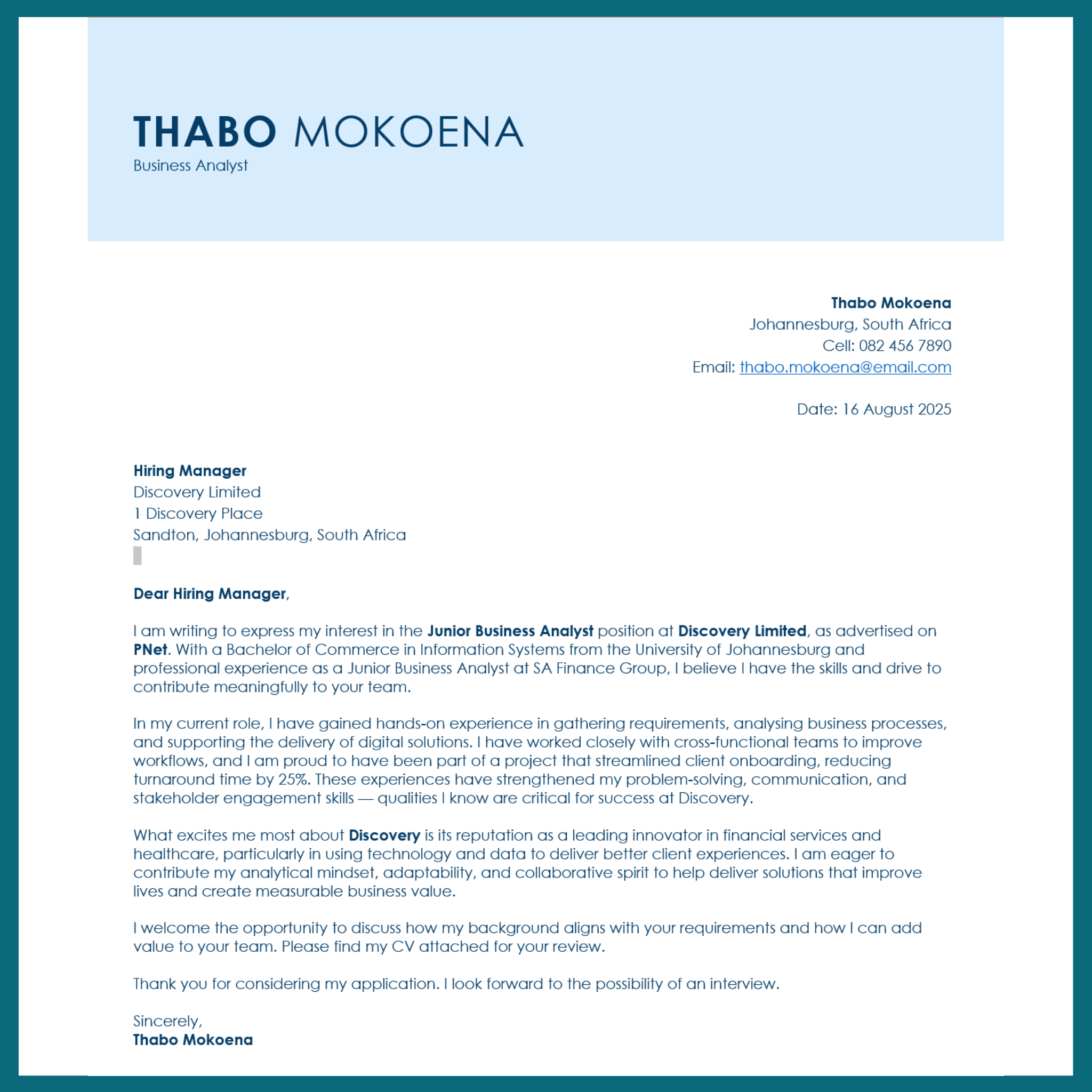 Professional Cover Letter Template for Job Applications (SA Format)
